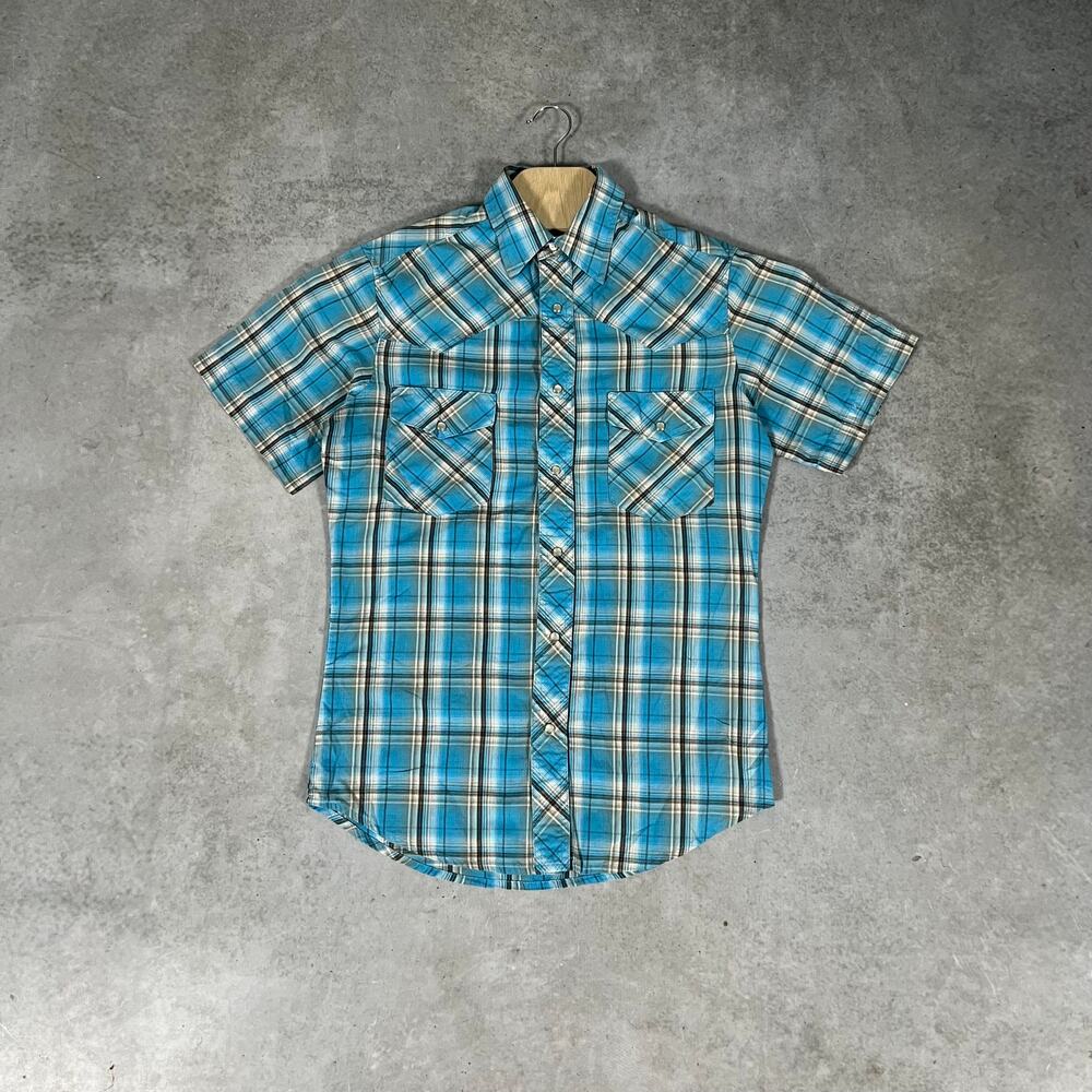 Wrangler Blue Plaid Short Sleeve Men's Size Small Button Down Shirt Pearl Snap